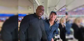 Magic Johnson and Gavin Newsom at the NFL Playoff Game without masks