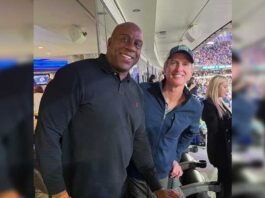 Magic Johnson and Gavin Newsom at the NFL Playoff Game without masks